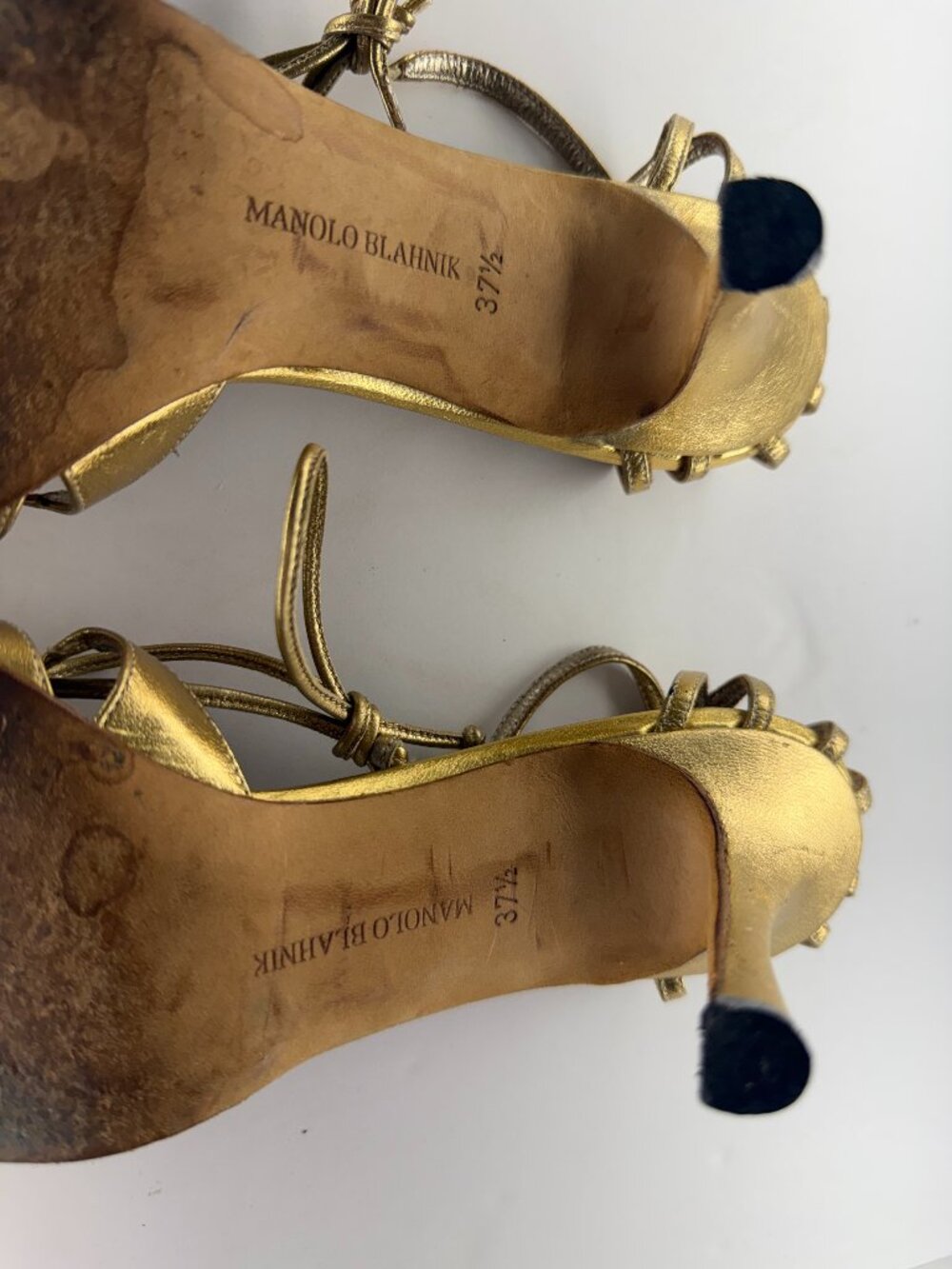 MANOLO BLAHNIK METALLIC GOLD LEATHER STRAPPY ANKLE WRAP SANDALS - Picture 7 of 10
